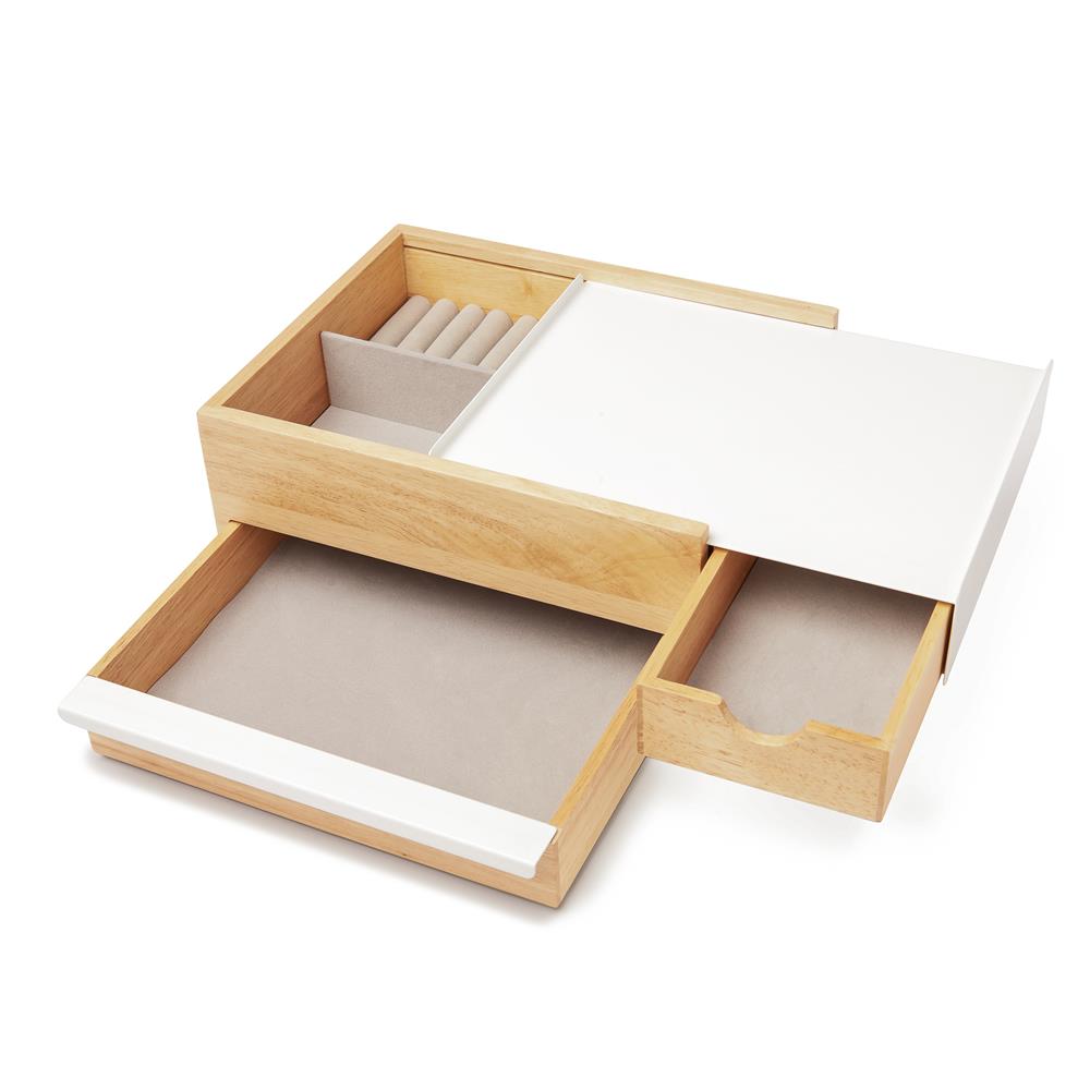 Umbra Stowit Design Schmuckkasten Weiß/Natur moderne Schmuck Box mit Geheimfächern für Ringe Armbänder Uhren Halsketten Ohrringe und Accessoires