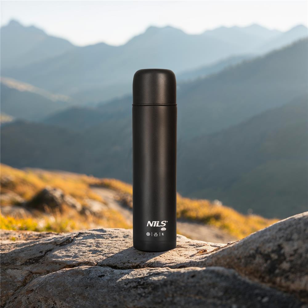 NILS CAMP Thermoskanne 1L Edelstahl schwarz isoliert für Camping Reisen Outdoor