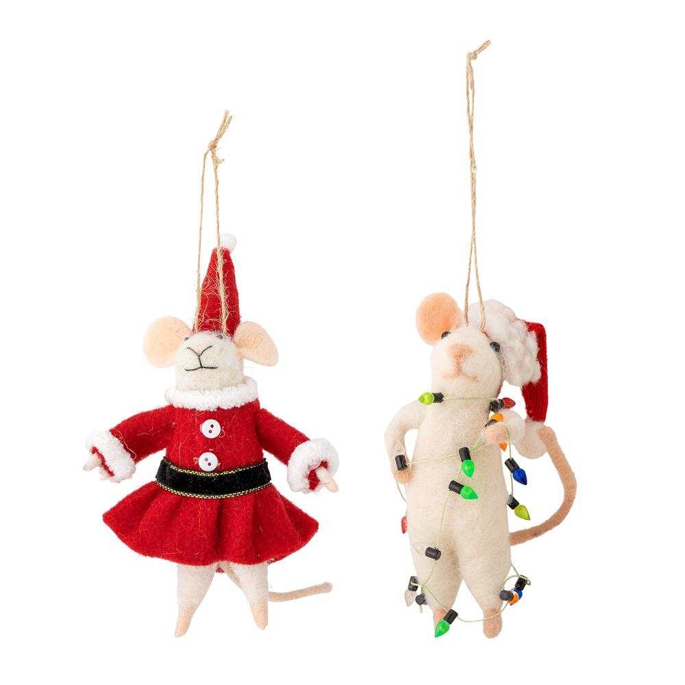 Bloomingville Peo Mäuse Anhänger, Rot, Wollfiguren 2er Set Weihnachtsdeko