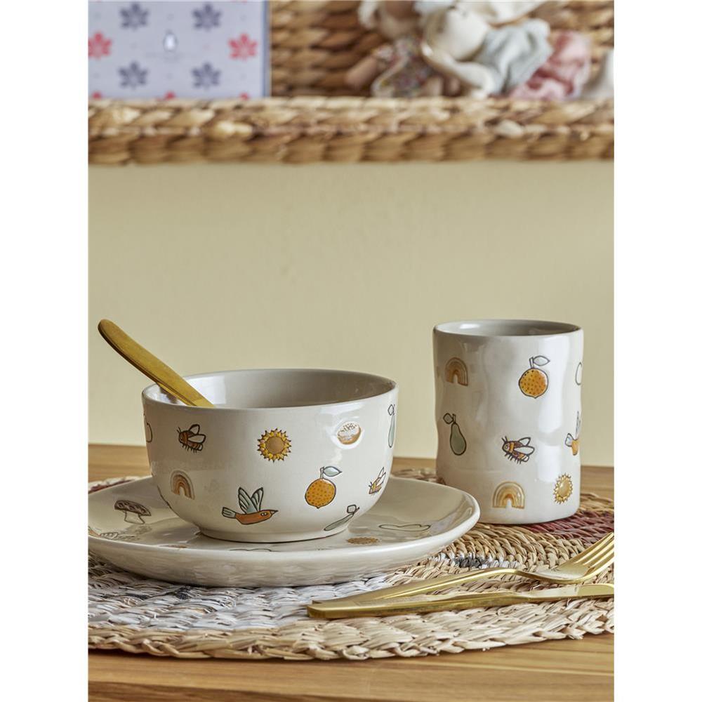 Bloomingville MINI Agnes Geschirr-Set, Weiß, Steingut, 3er Set mit Teller + Schüssel + Becher