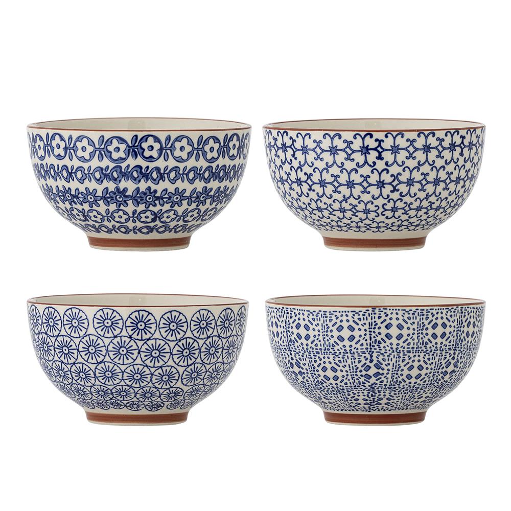 Bloomingville Karine Schalen 4er Set blau Steingut Muster 500 ml