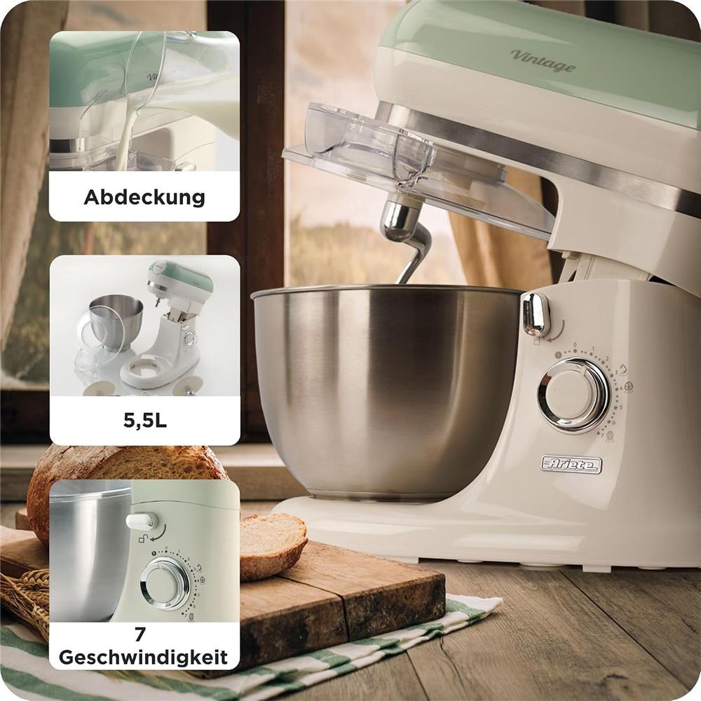 Ariete Vintage Küchenmaschine, Grün, 5,5-L-Schüssel, Knet- und Rührmaschine, Groß
