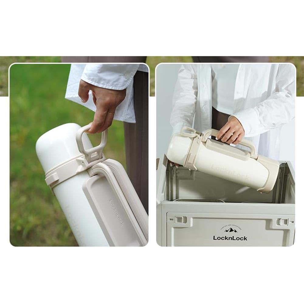 LocknLock Thermoskanne 1,8 L Creme, Becher, Edelstahl, Tragegurt, Auslaufsicher