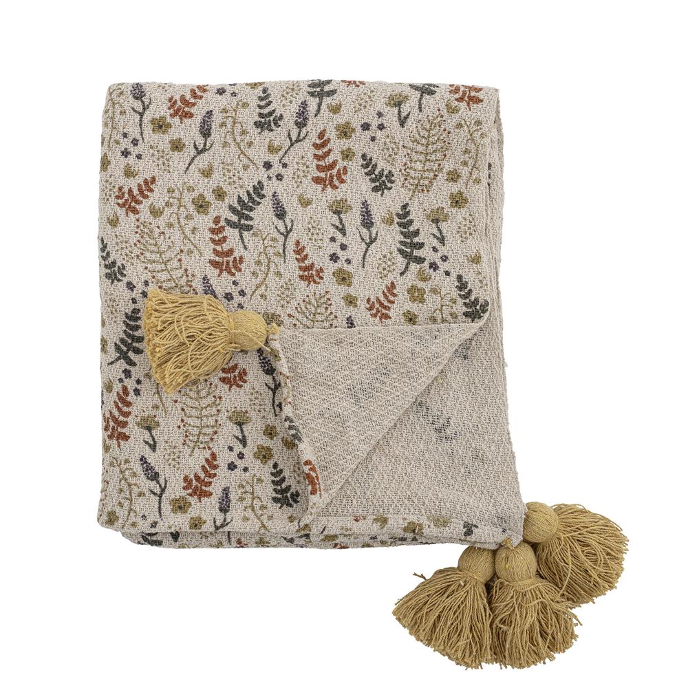 Bloomingville MINI Filipa Kuscheldecke Blumenmotiv 160 x 130 cm mit recycelter Baumwolle mit Quasten