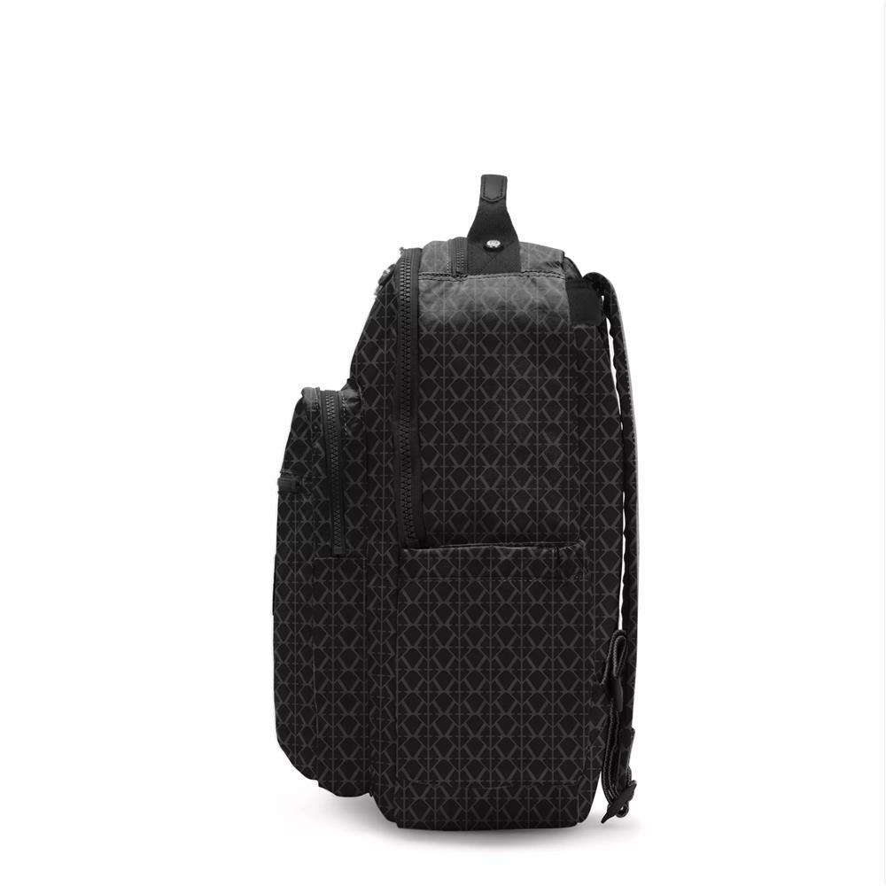 Kipling SEOUL, großer Rucksack, Signature Emb (schwarz), Laptoprucksack 15 Zoll mit viel Stauraum