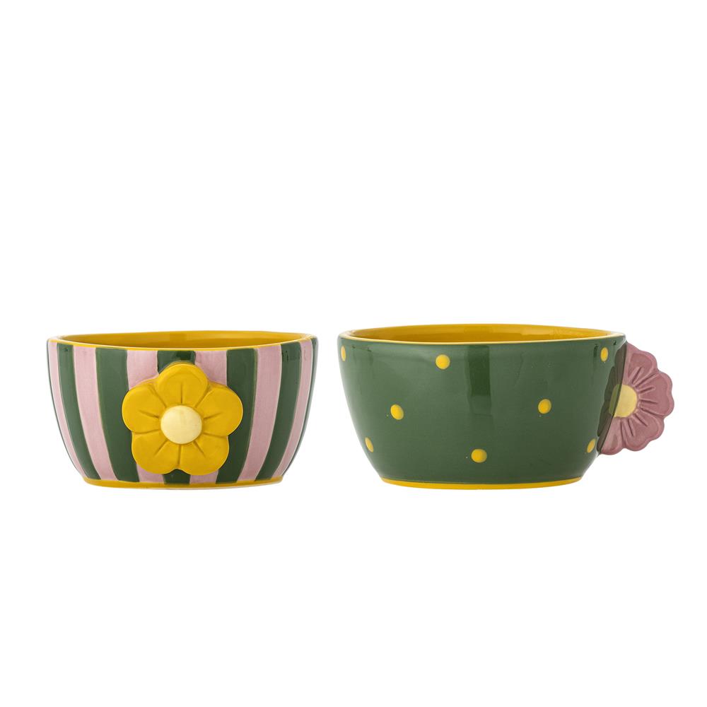 Bloomingville Haisy Schale 2er Set grün - Steingut Schalen mit Blumenmotiv für Küche & Tischdeko