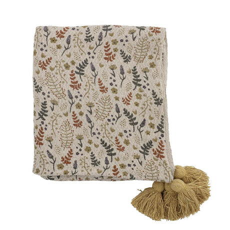 Bloomingville MINI Filipa Kuscheldecke Blumenmotiv 160 x 130 cm mit recycelter Baumwolle mit Quasten