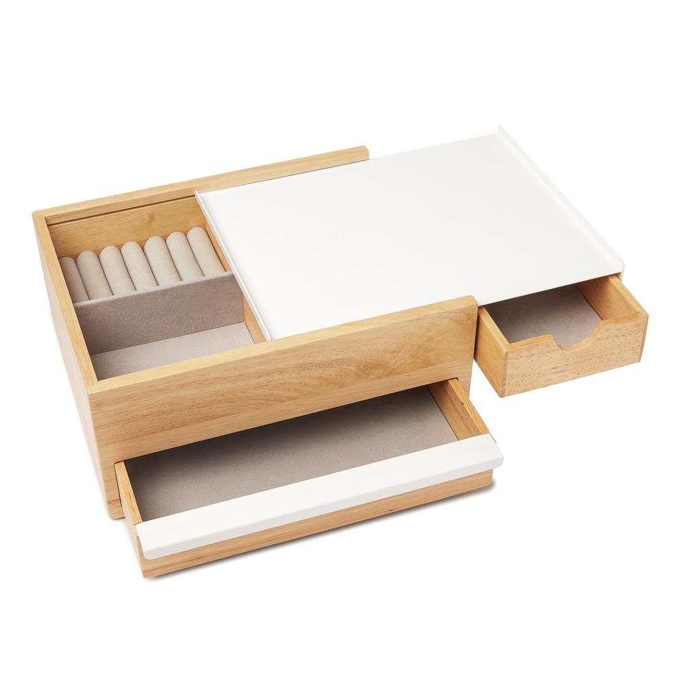 Umbra Stowit Design Schmuckkasten Weiß/Natur moderne Schmuck Box mit Geheimfächern für Ringe Armbänder Uhren Halsketten Ohrringe und Accessoires