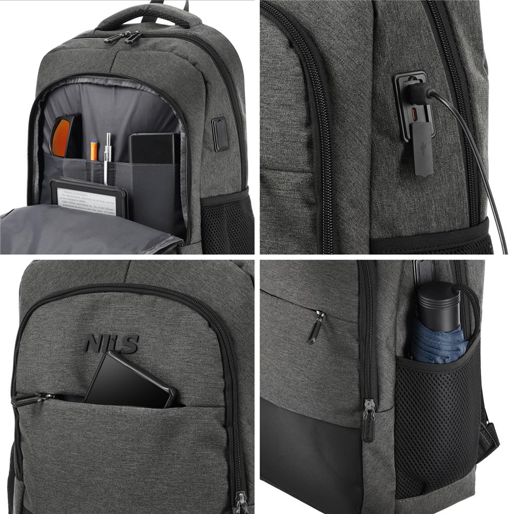 NILS City Rucksack 18L Grau - Laptoprucksack mit USB- und USB-C-Anschlüssen Arbeit Uni Alltag