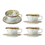 Bloomingville Savina Tasse 4er Set 219 ml bunt - Steingut Tassen mit Untertasse Blättermuster