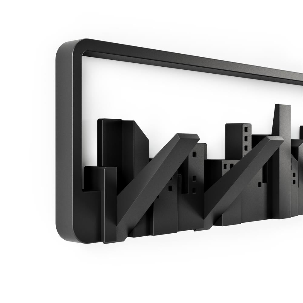 Umbra Skyline Garderobenhaken Schwarz Moderne und Platzsparende Garderobenleiste mit 5 Beweglichen Haken für Jacken Mäntel Schals Handtaschen