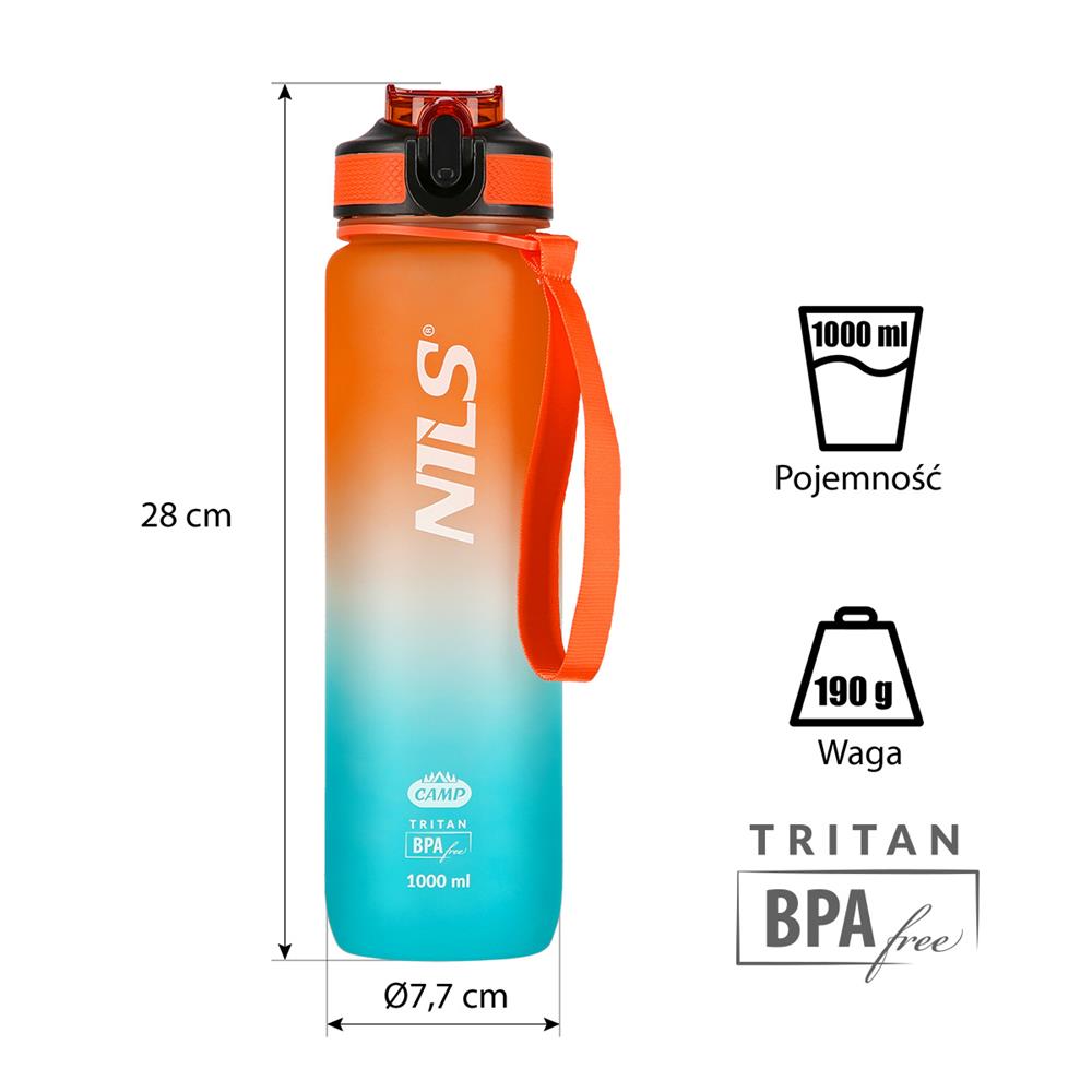NILS CAMP Trinkflasche Tritan 1000 ml mit Strohhalm orange-blau für Outdoor Sport Reisen