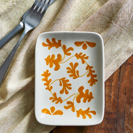 Bloomingville Fauni Teller orange - Steingut Teller mit Blattmotiv handbemalt für Tisch & Küche