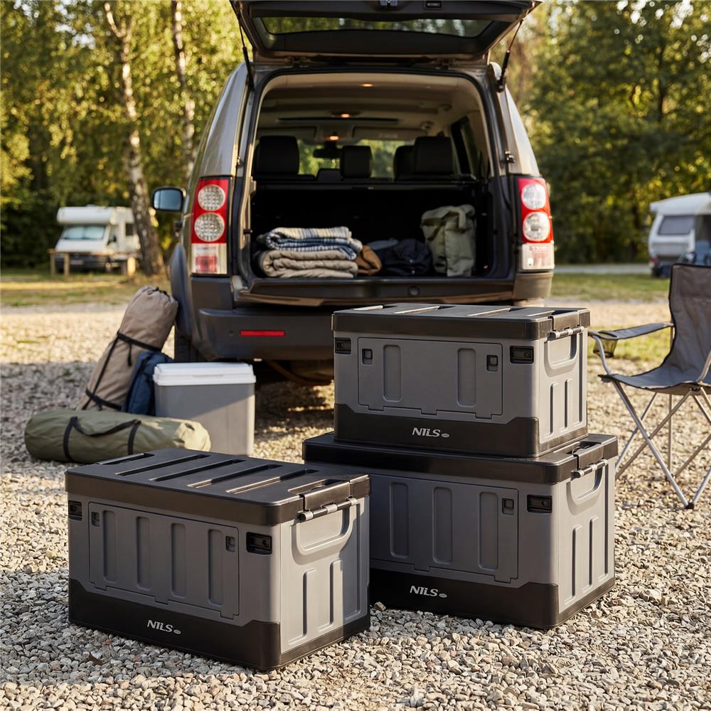 NILS CAMP Transportbox XL 70L Grau-Schwarz - große klappbare Campingbox für Auto & Outdoor
