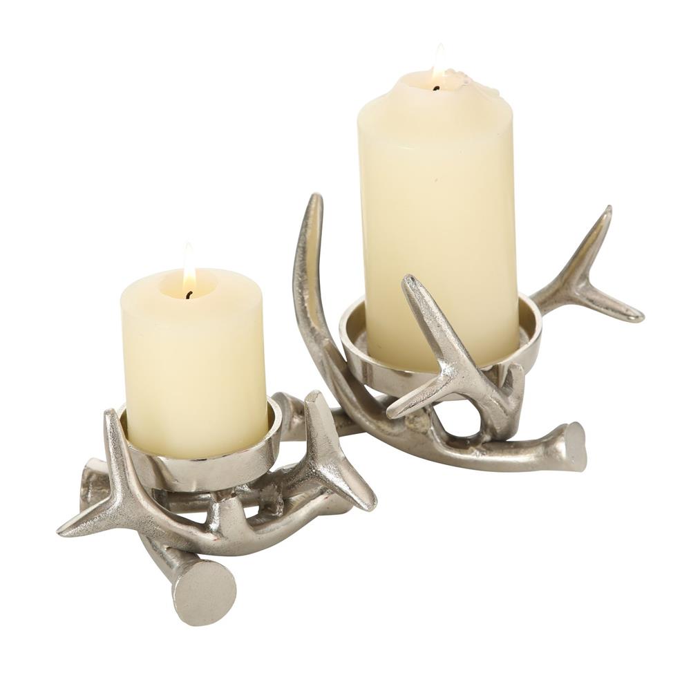 BOLTZE Kerzenleuchter Brano 2er Set Silber Metall Geweih Kerzenhalter Kerzenständer Stumpenkerzen