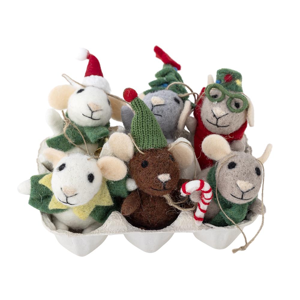 Bloomingville Peo Weihnachtsanhänger Grün Wolle 6er Set Mäuse Christbaumschmuck