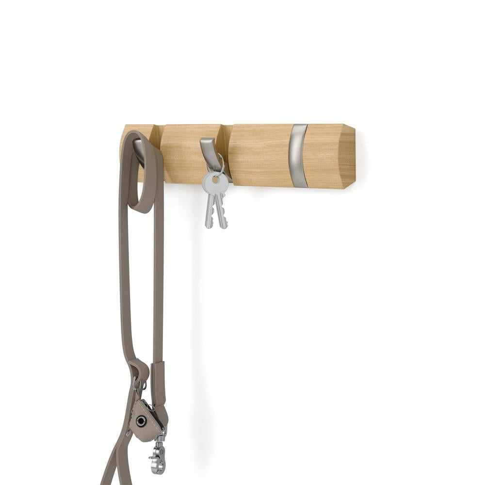 Umbra Flip Wandgarderobe, Garderobenleiste in Natur, mit 3 beweglichen Haken in Silber