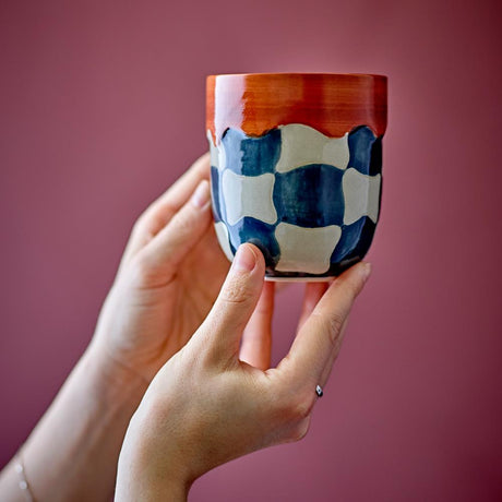 Bloomingville Check Tasse aus Steingut in Bunt 375 ml – 4er Set für Küche