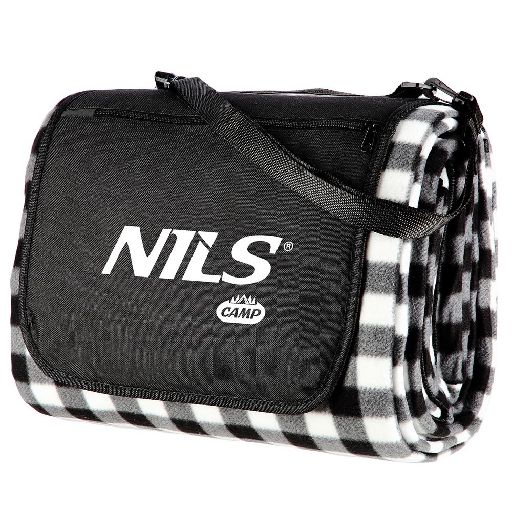 NILS CAMP Picknickdecke Schwarz/Weiß karriert 200x200 cm - große Outdoor Decke für Strand, Garten & Camping