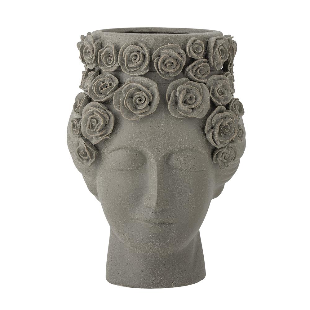 Bloomingville Akira Vase aus Steingut in Grau, Blumenvase in Form eines Gesicht