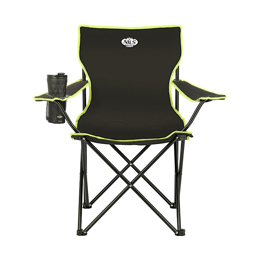 NILS CAMP Campingstuhl Schwarz-Limettengrün - klappbarer Klappstuhl mit Becherhalter für Camping & Garten