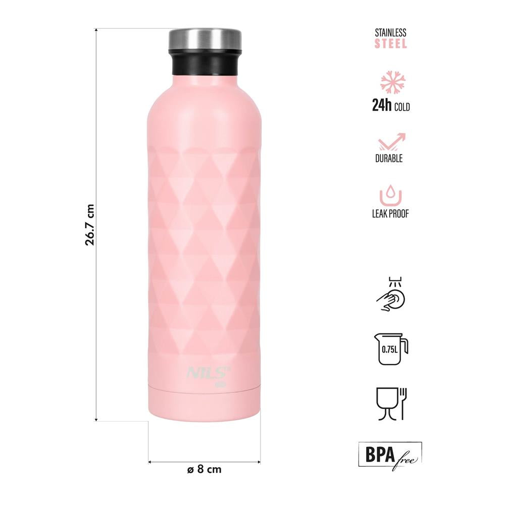 NILS CAMP Trinkflasche 750 ml Edelstahl rosa isoliert für Outdoor Reisen Sport