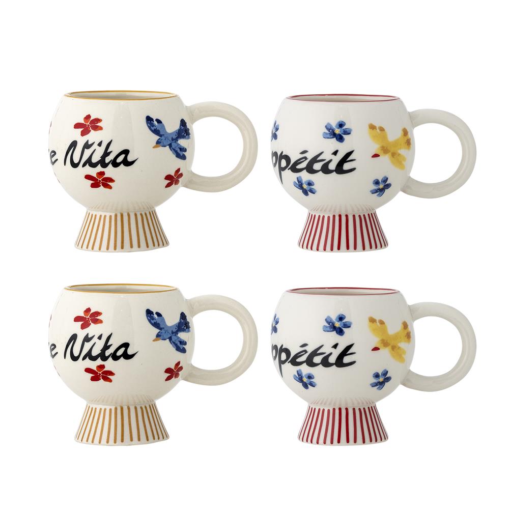 Bloomingville Lindsay Tasse 4er Set 233 ml bunt - Steingut Tassen mit Blumen & Schrift