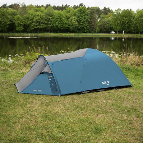 NILS CAMP Trekker Zelt für 4 Personen in Blau-Grau - Campingzelt mit Vorraum für Outdoor, Familie & Trekking