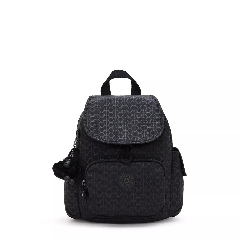 Kipling CITY PACK MINI, kleiner Rucksack, Signature Emb (schwarz), Freizeitrucksack mit Kordelzug