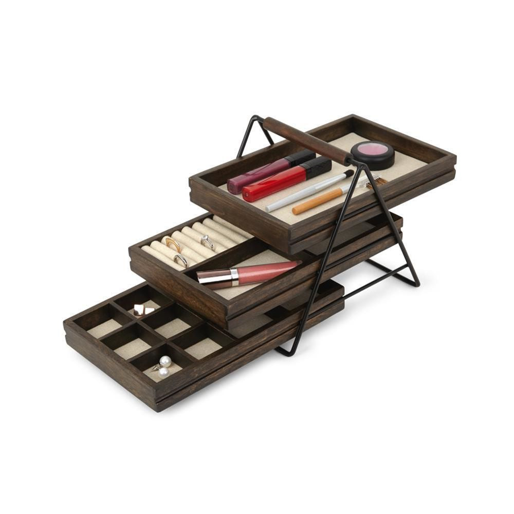 Umbra Terrace Schmucktablett Holz Schmuckkästchen mit drei Schubfächer für Ringe Armbänder Ketten Uhren und Mehr