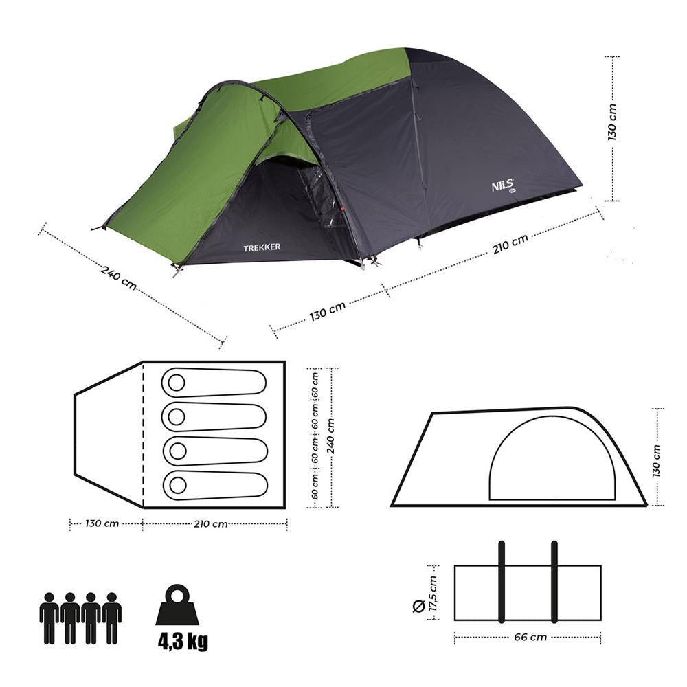 NILS CAMP Trekker Zelt für 4 Personen in Grün-Grau - Campingzelt mit Vorraum für Outdoor, Familie & Trekking