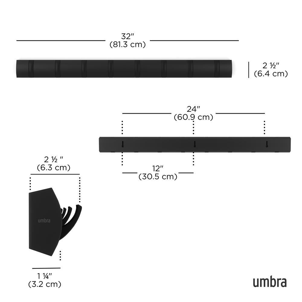 Umbra Flip Wandgarderobe, Garderobenleiste in Schwarz, mit 8 beweglichen Haken in Schwarz