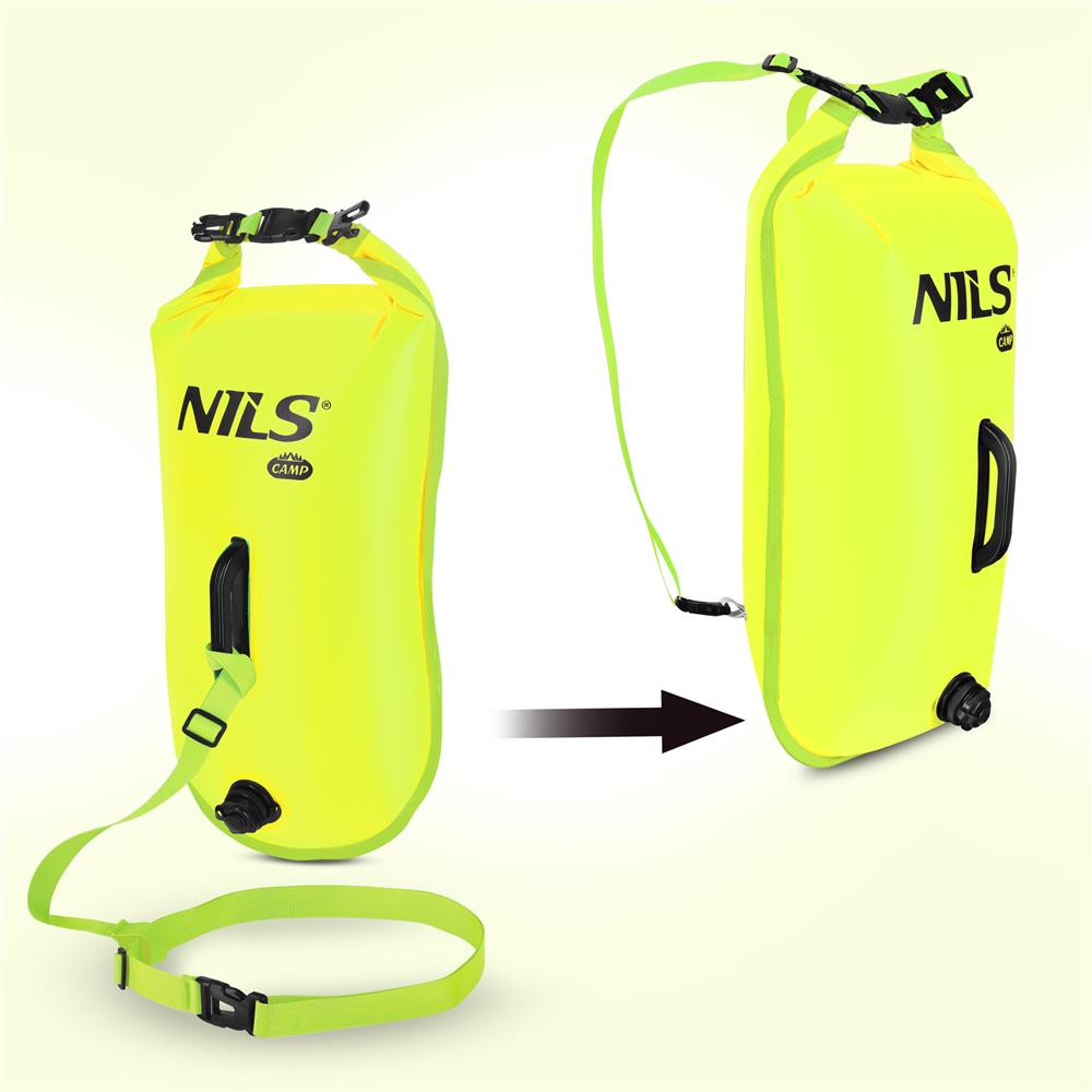 NILS CAMP Schwimmboje 3-in-1 Dry Bag 28L gelb Rucksack für Outdoor Wasser Sport