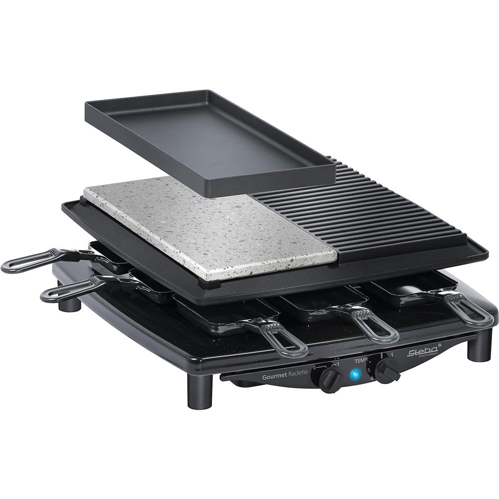 Steba Raclette RC 4 PLUS DELUXE – 4-in-1 Raclette mit Naturstein, Grillplatte & Gourmet-Pfanne, 8 Pfännchen, 1450 W