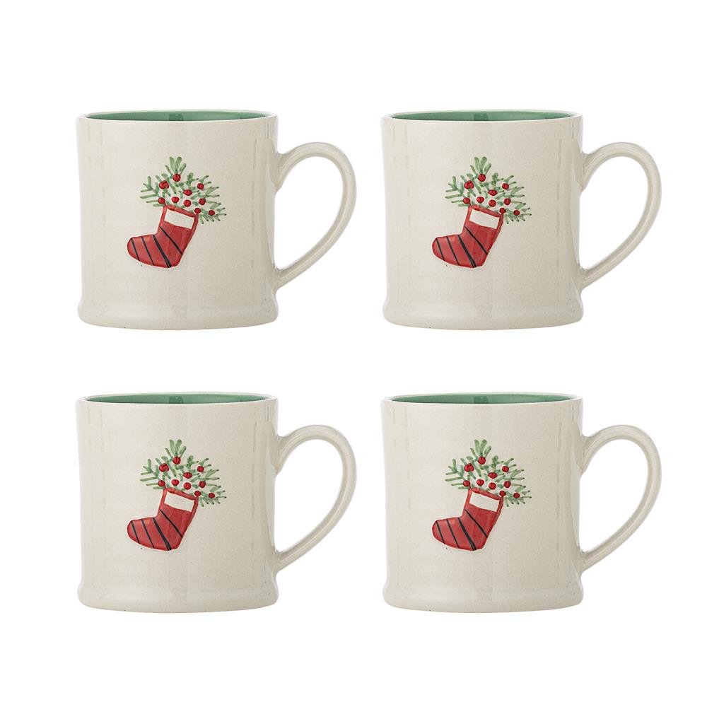 Bloomingville Kenai Tasse 4er Set 300 ml grün Steingut Weihnachtstassen mit Weihnachtsmotiv
