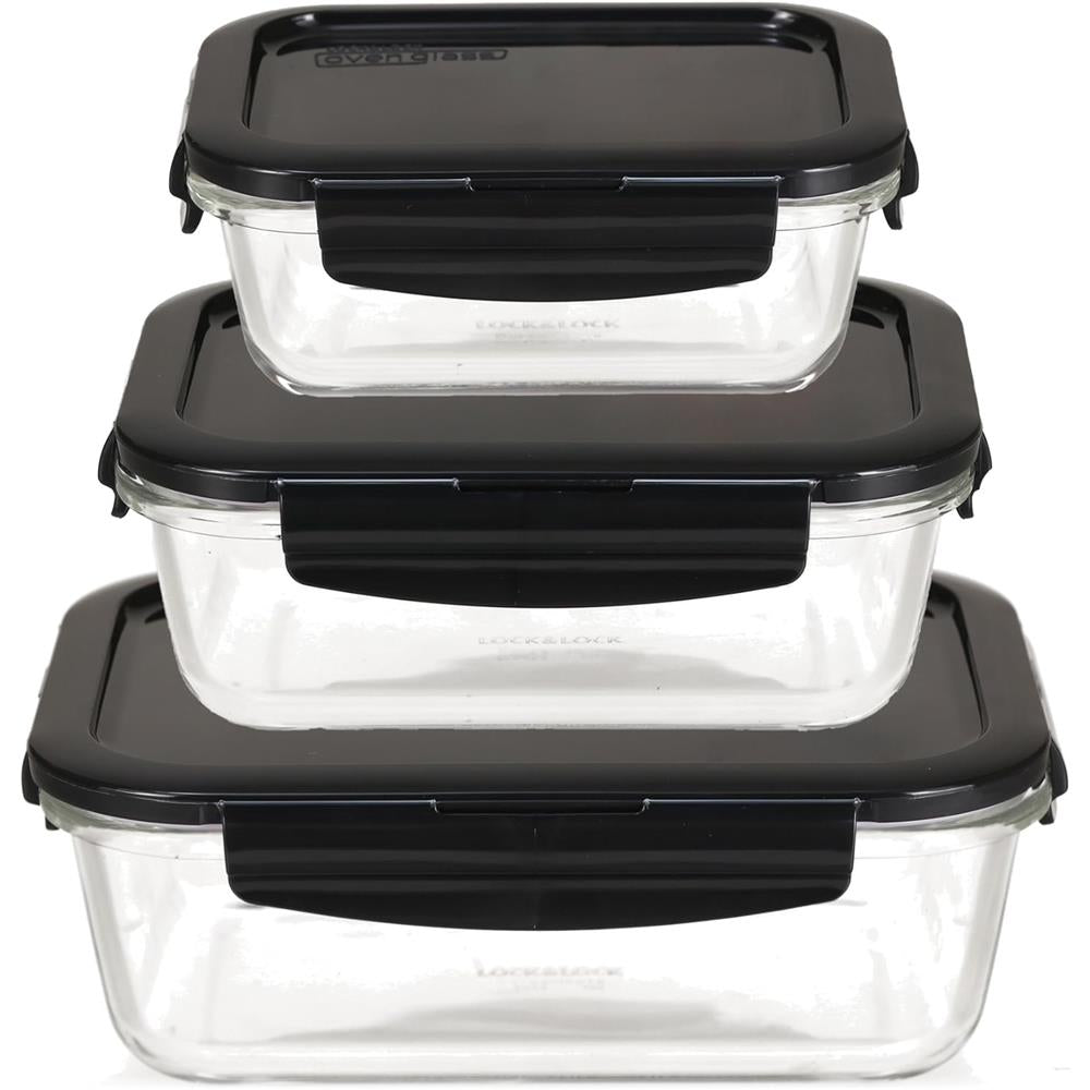 LocknLock Glas Frischhaltedosen 3er Set 380 ml, 630 ml, 1000 ml - Ofenform mit Deckel, mikrowellengeeignet, auslaufsicher