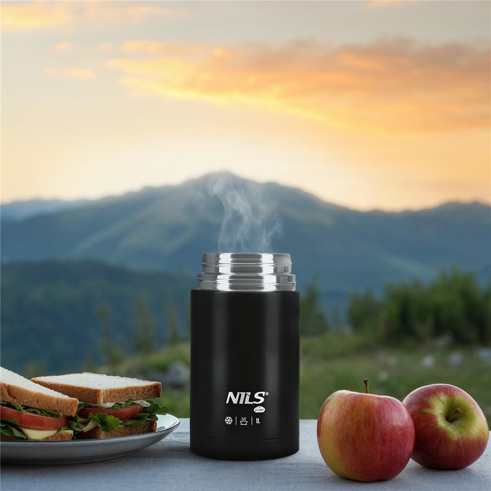 NILS CAMP Thermobehälter 1L Edelstahl schwarz Lunchbox für Essen warm kalt