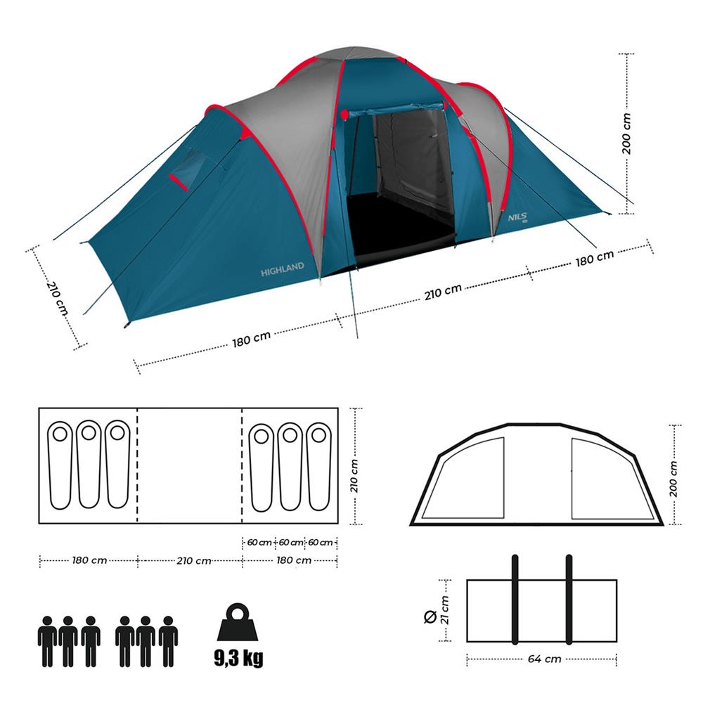 NILS CAMP Highland Zelt für 6 Personen Blau-Grau - großes Familienzelt mit Vorraum für Camping & Outdoor
