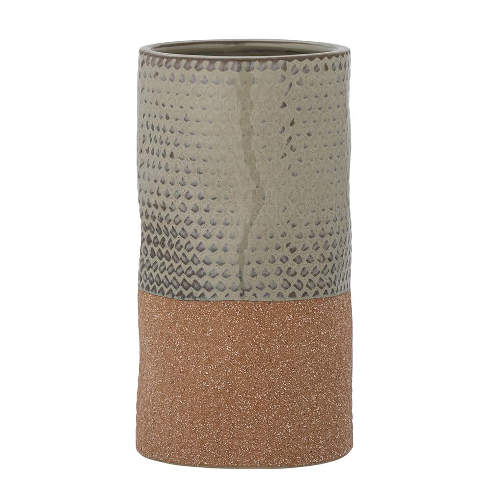 Bloomingville Denna Vase in Grün aus Steingut, 8x15,5 cm, mit Gravurmuster