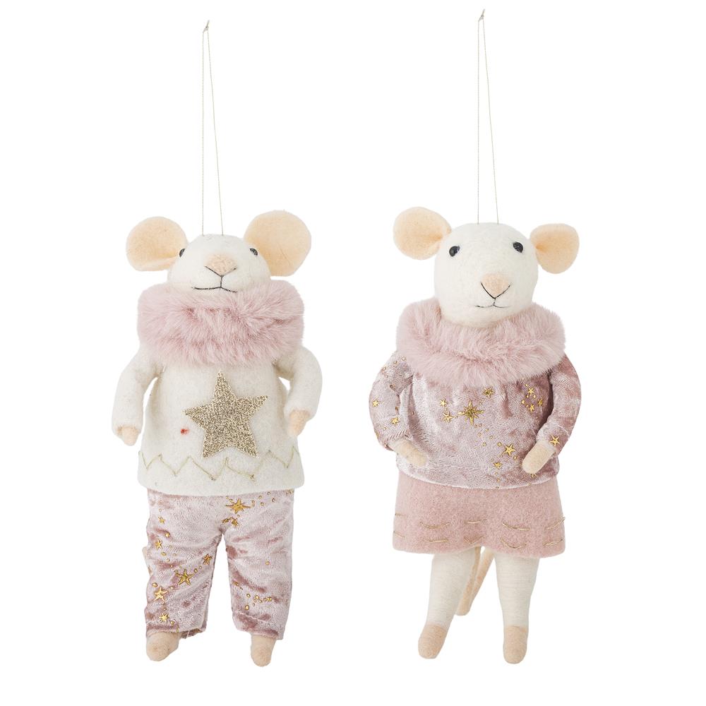 Bloomingville Peo Mäuse Anhänger, Rosa, Wollfiguren groß 2er Set Weihnachtsdeko