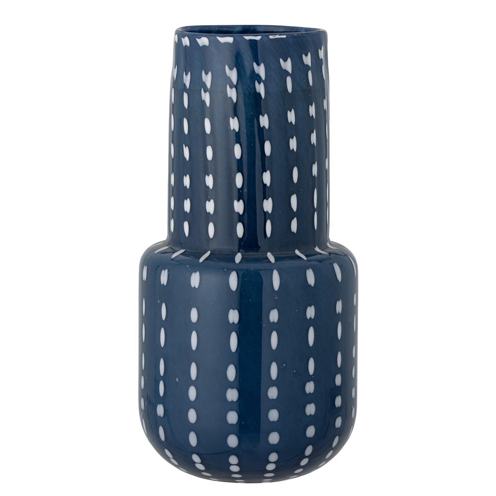 Bloomingville Mayim Blumenvase in Blau aus Glas 17x35cm Glasvase mit weißen Punkten