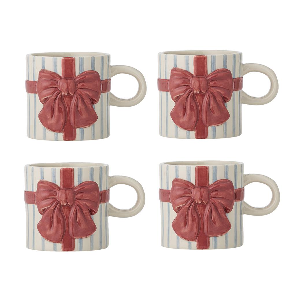 Bloomingville Bowie Tasse 4er Set 278 ml blau Steingut mit Schleifenmotiv Kaffeebecher Weihnachten