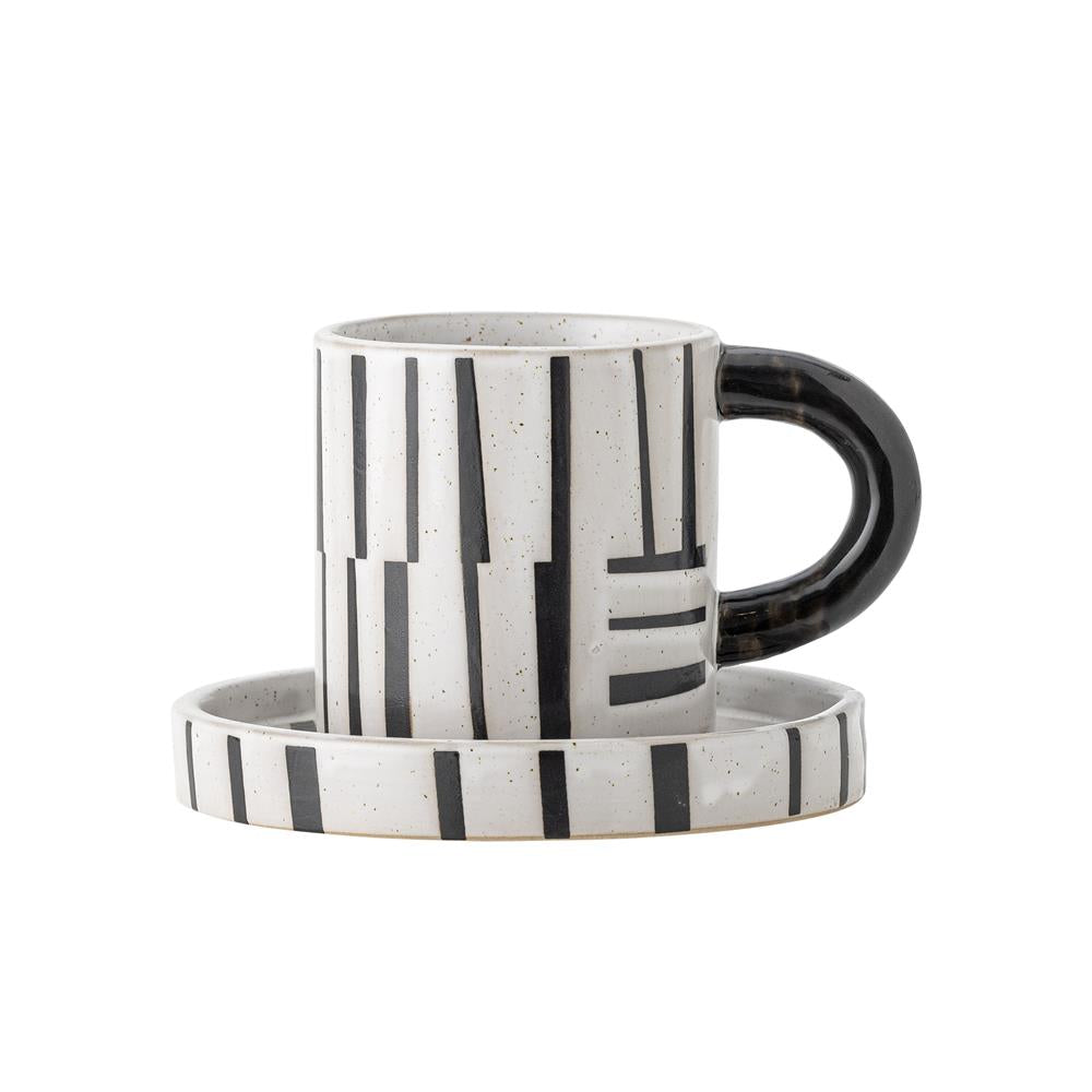Bloomingville Frankie Tasse mit Untertasse Schwarz Steingut 2-teilig – grafisches Kaffee-Set