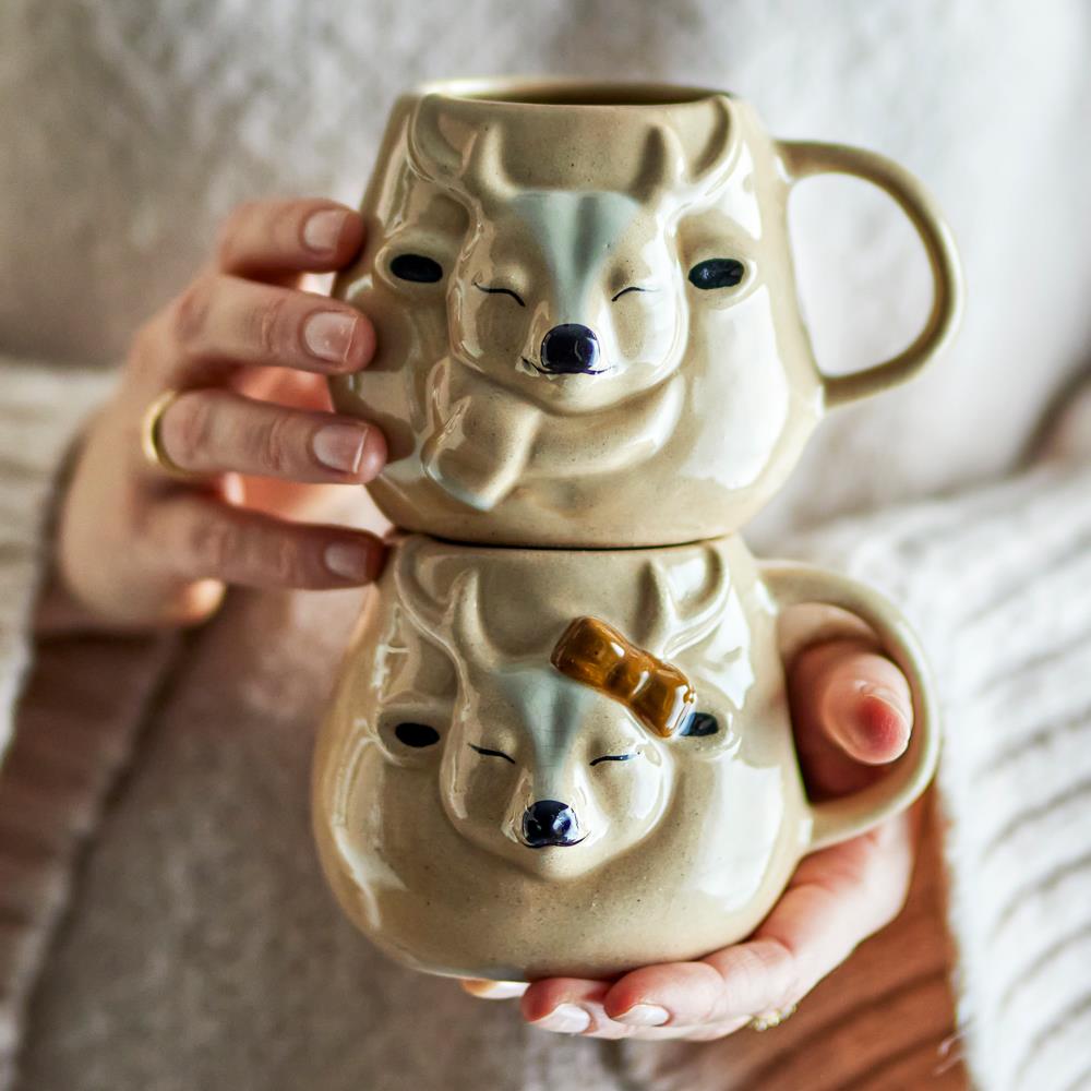 Bloomingville Rudolph Tasse Natur Steingut 2er Set Rentier Weihnachtstassen