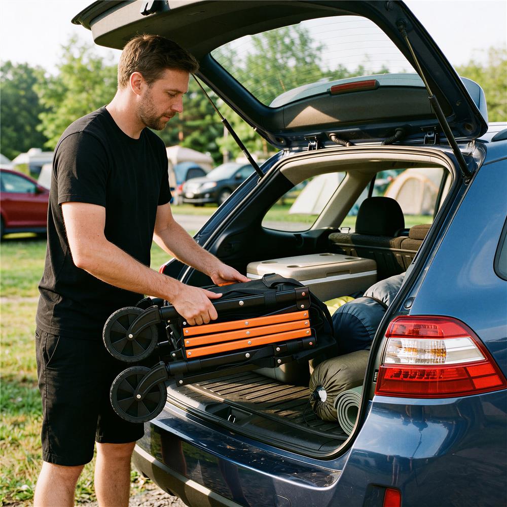 NILS CAMP Bollerwagen faltbar 100L in Schwarz Orange - kompakter Campingwagen für Strand & Outdoor