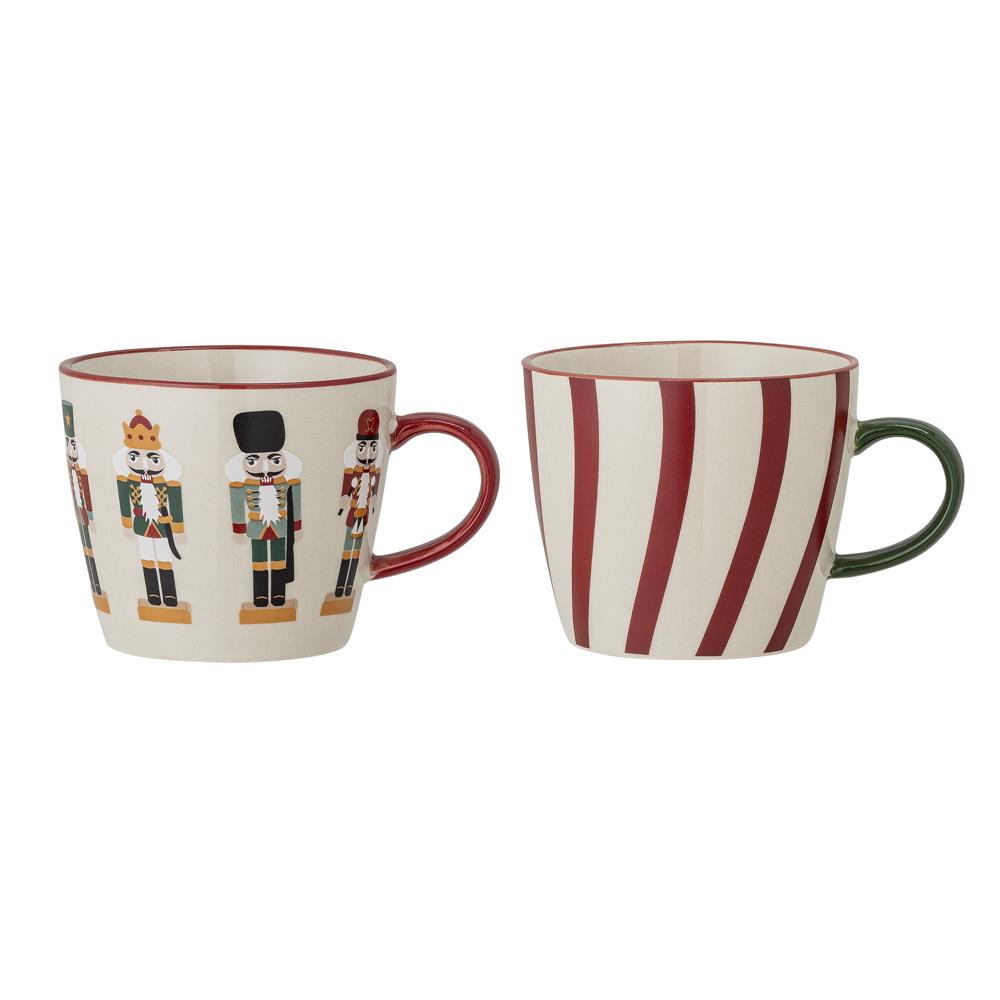 Bloomingville Jolly Tassen, 2er Set – mit Nussknacker & Streifen, Weihnachten, dänisches Design