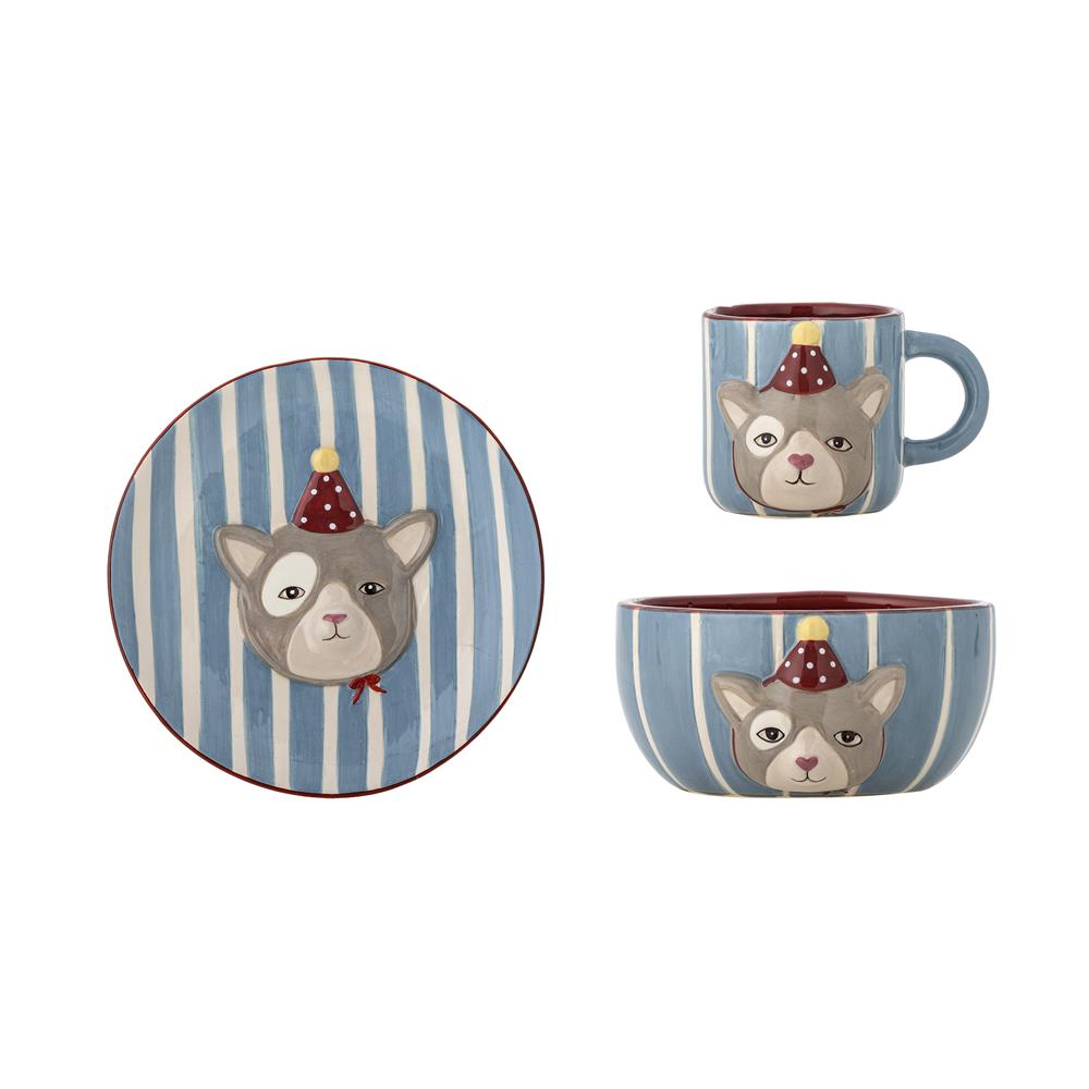 Bloomingville MINI Party Geschirr Set 3-teilig bunt - Kinder Geschirr mit Katzenmotiv für Tisch & Küche