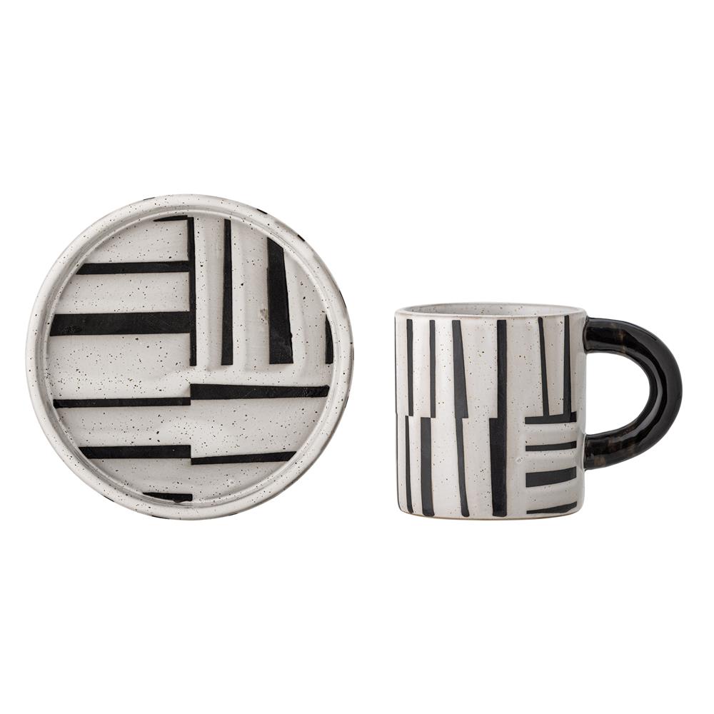 Bloomingville Frankie Tasse mit Untertasse Schwarz Steingut 2-teilig – grafisches Kaffee-Set