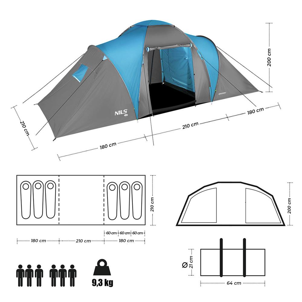 NILS CAMP Highland Zelt für 6 Personen Grau-Blau - großes Familienzelt mit Vorraum für Camping & Outdoor