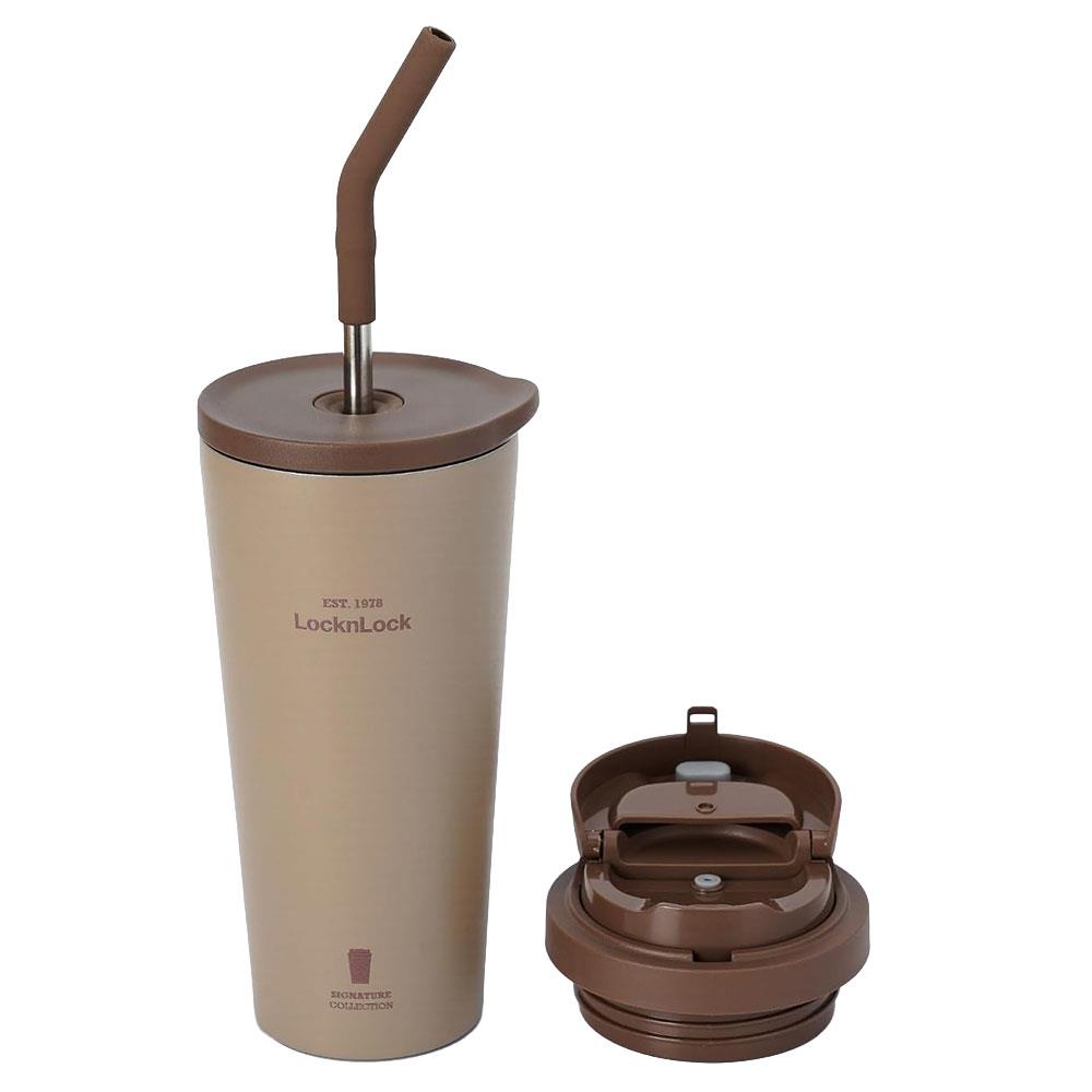 LocknLock Thermobecher 550 ml Braun - Isolierbecher To Go mit Strohhalm & One-Touch Deckel